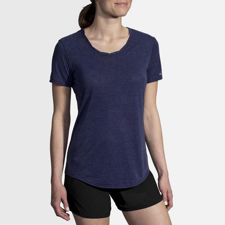 Brooks Distance Women's Short Sleeve Running Shirt UK Discount - Blue (OXEYF1502)